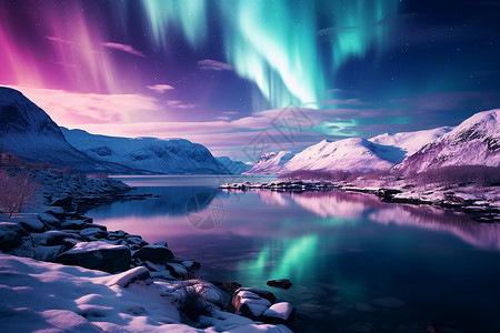 宇宙球体北极光在冰冻的湖面上设计图片