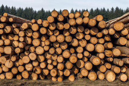 木材材质原木堆放在田野上背景