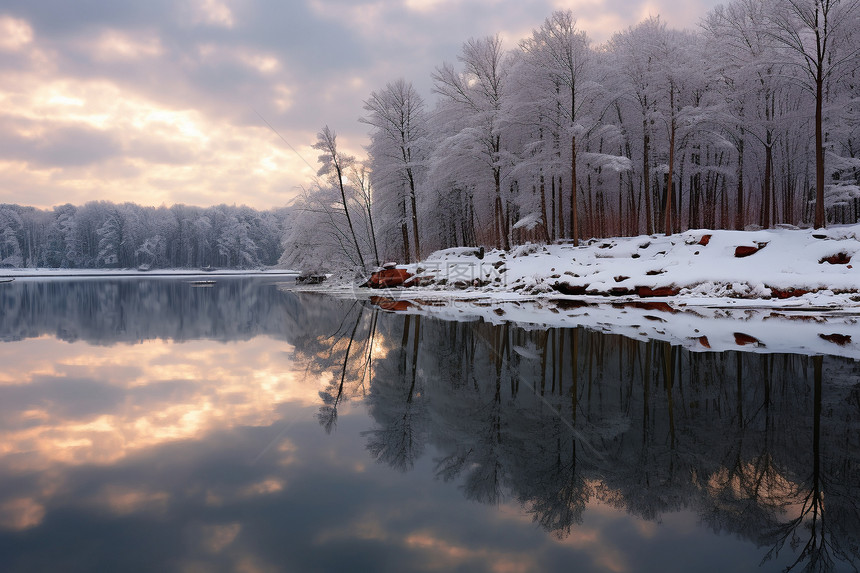 冬日中的魔幻自湖泊与树林图片