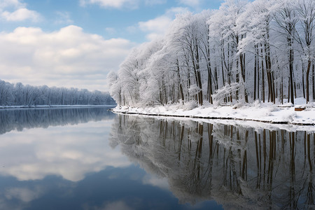 寒冬中湖泊的雪景图片