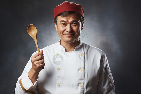 中年男子身穿厨师服装手持勺子图片