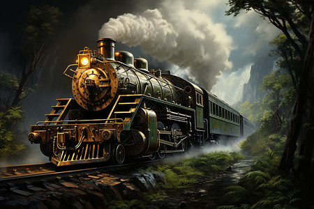 森林火车列车穿越茂密森林背景