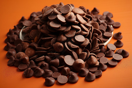 巧克力粒放在橙色桌面上图片