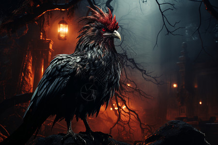万圣节之黑乌鸦暗夜中鸡站立于石头上设计图片