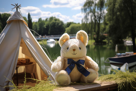 一只兔子玩偶夏日阳光下的兔子和帐篷背景