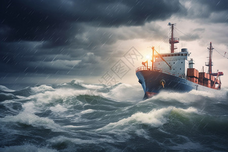 大海货船轮船在下着雨的海上航行设计图片
