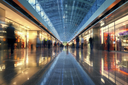 长长的商场走廊和蓝色的玻璃穹顶高清图片