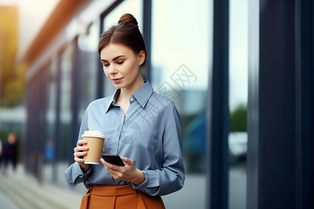 女人拿着咖啡杯在户外背景图片