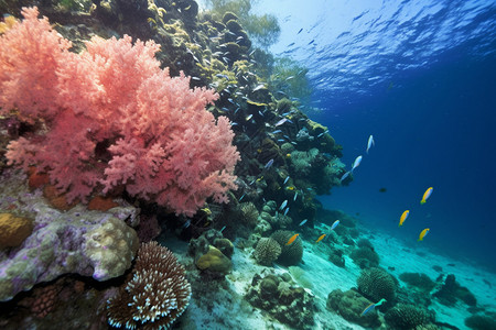 珊瑚礁旁边的小鱼背景图片