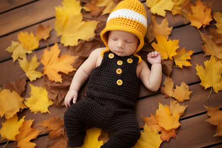 躺在落叶上的宝宝背景图片