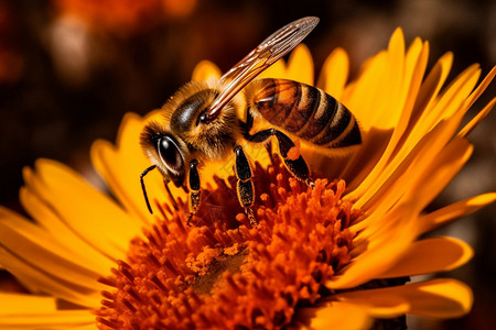 一只蜜蜂近距离在一朵花上高清图片