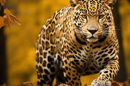 秋天森林中的一只大型豹子高清图片