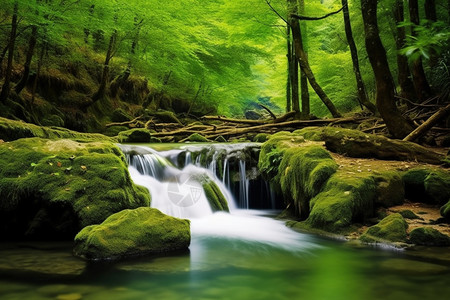 小溪小瀑布在森林里图片