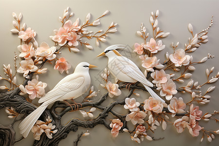 丝织物鸟语花香的刺绣插画