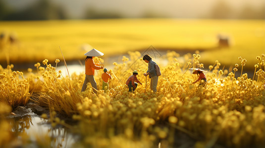金黄色稻田中的小人物背景图片