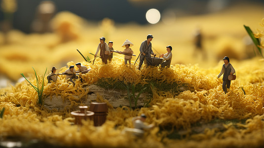 劳作的人金色稻田中的微缩作品设计图片