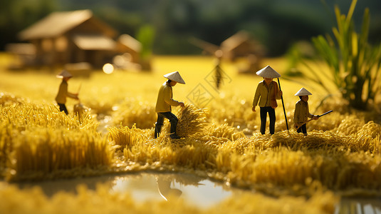 稻田里的农民金黄稻田中的微型人物设计图片