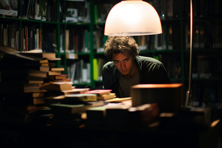 男子在图书馆阅读书本背景图片