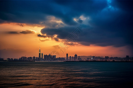 日落阳光海滨城市图片