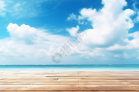 大海边的木纹甲板背景图片