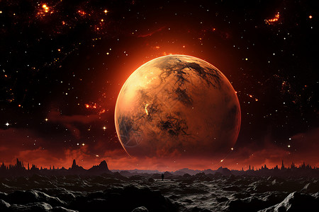 冥王星红色星球的奇幻之景插画