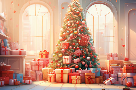 圣诞树旁的礼物图片