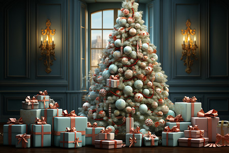 室内的礼物和圣诞树图片