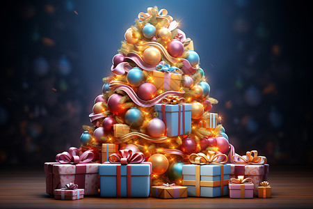 地面上的圣诞树和礼物图片