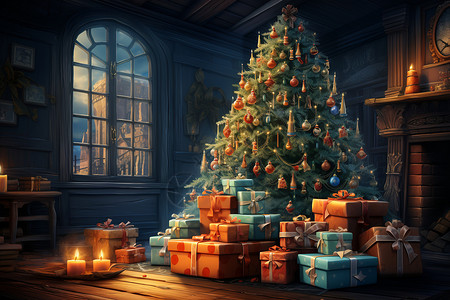 蜡烛圣诞树装饰室内的圣诞树和礼物插画