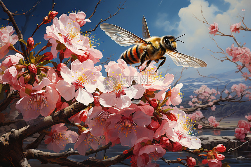 樱花上的蜜蜂图片