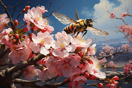 樱花上的蜜蜂背景图片