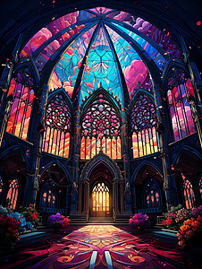 奢华教堂教堂内的彩色装饰插画