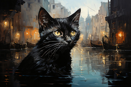 油画中的黑猫高清图片