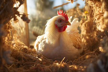 动物蛋母鸡在草堆中下蛋背景