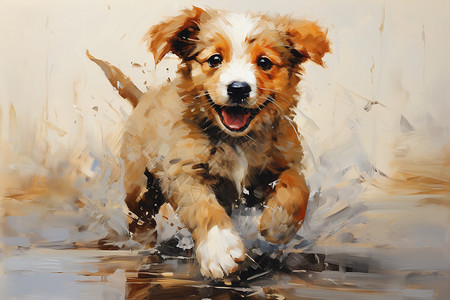 地面油画快乐的小狗在水中奔跑插画