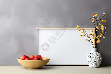 桌子上水果和相框背景图片