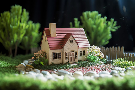 草地中的房屋模型背景图片