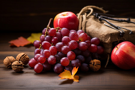 桌子上的葡萄和苹果图片