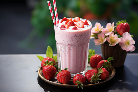 桌子上的草莓奶昔背景图片