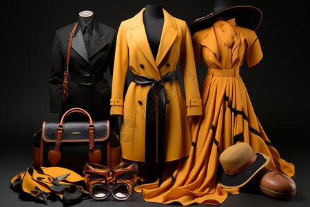 黄色的包包一组不同类型的服装和配饰背景