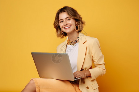 黄色卷发一位女生抱着一台笔记本电脑背景