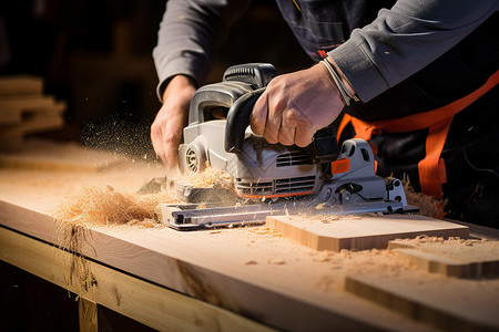 木材打磨木匠在使用圆锯切割木材背景