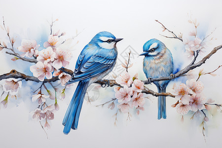 蓝色花枝小鸟花枝上的小鸟插画