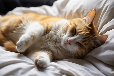 黄色猫咪在床上睡觉高清图片