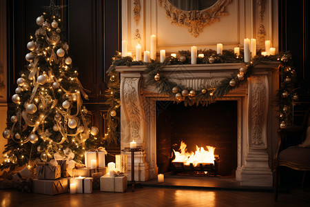 壁炉火光圣诞树和壁炉背景