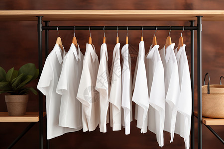 木质衣橱一排整齐的白色衬衫背景