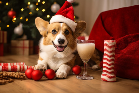 小狗饮料杯子欢度圣诞节的狗狗背景