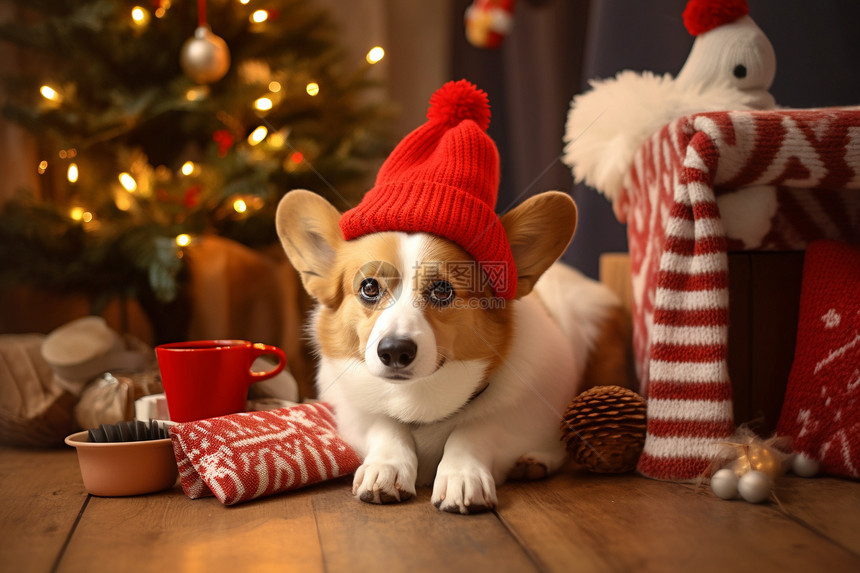 圣诞树下的红帽狗图片