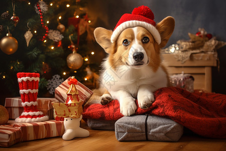 圣诞树下礼物圣诞树下一只戴着圣诞帽的狗狗背景