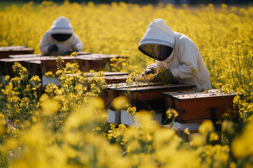 花丛中的蜂箱蜂农图片
